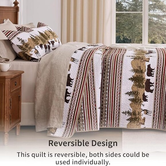 NEW! 3-Piece Lodge Bed Cover Quilt with 2 Pillow Shams for All Season, Brown - Picture 4 of 6